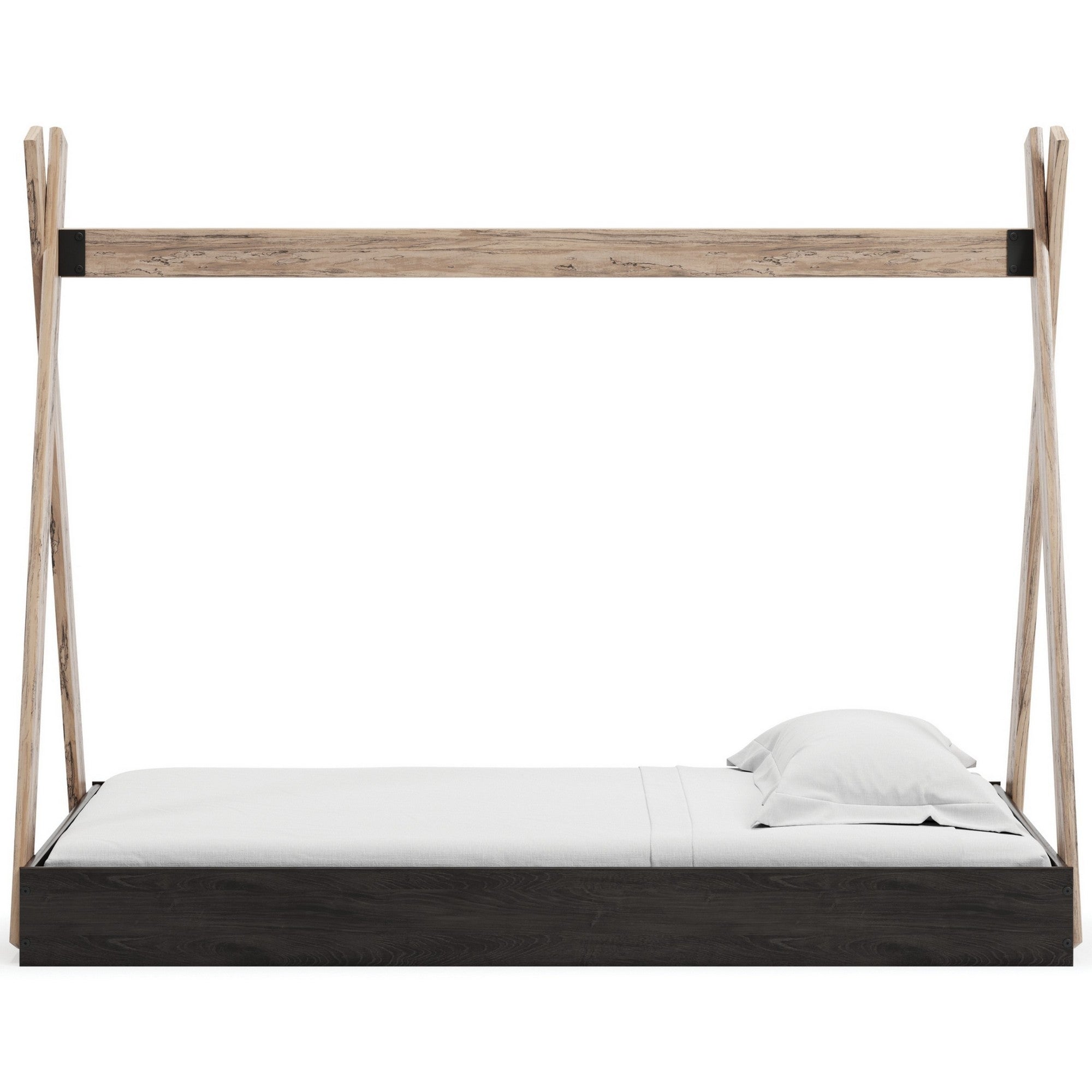 Modern Twin Size Bed, Crossed Wood A Frame Tent Stand, Jet Black Base