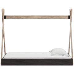 Modern Twin Size Bed, Crossed Wood A Frame Tent Stand, Jet Black Base