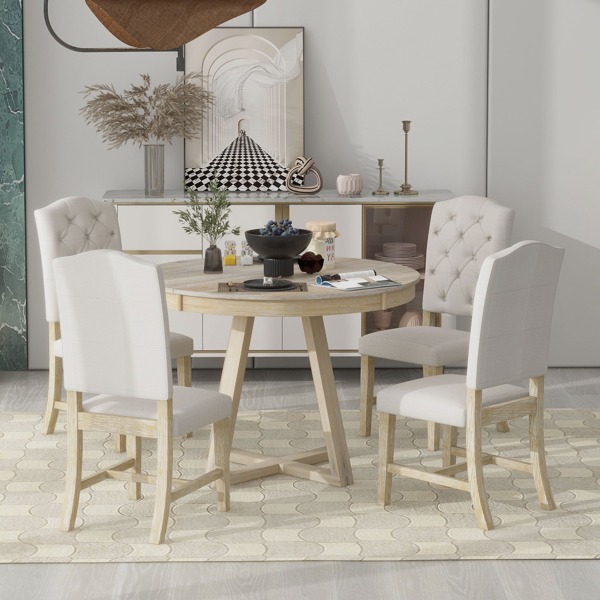 5-Piece Retro Functional Dining Set, Round Table with a 16"W Leaf and 4 Upholstered Chairs - Natural