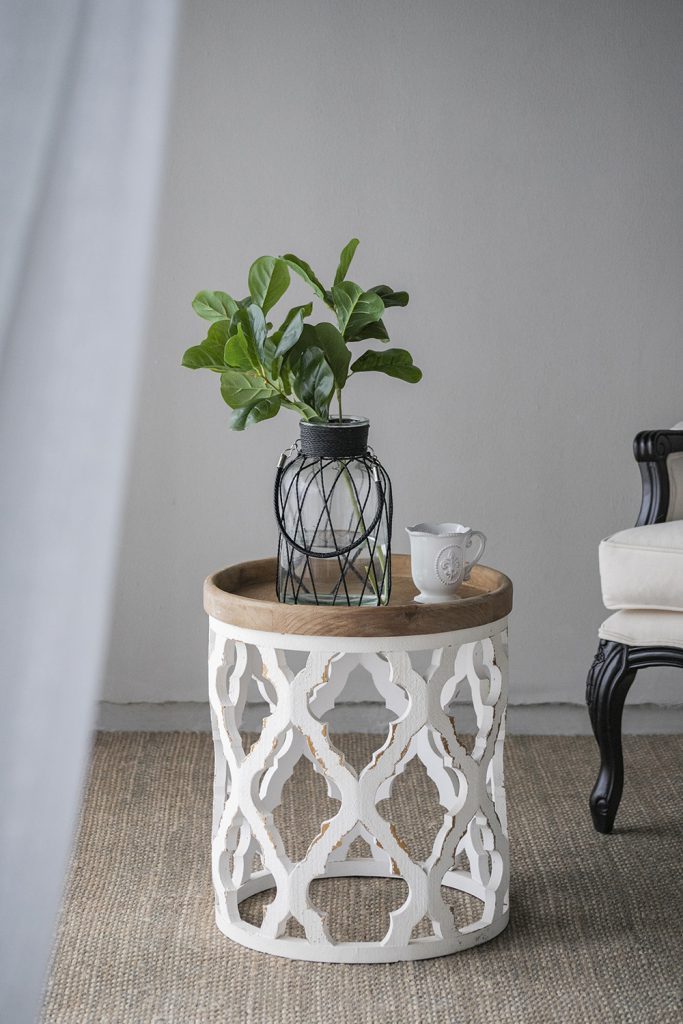 French Country Large Distressed White Side Table 23"