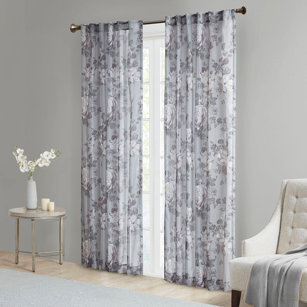 Printed Floral Rod Pocket and Back Tab Voile Sheer Curtain - Grey