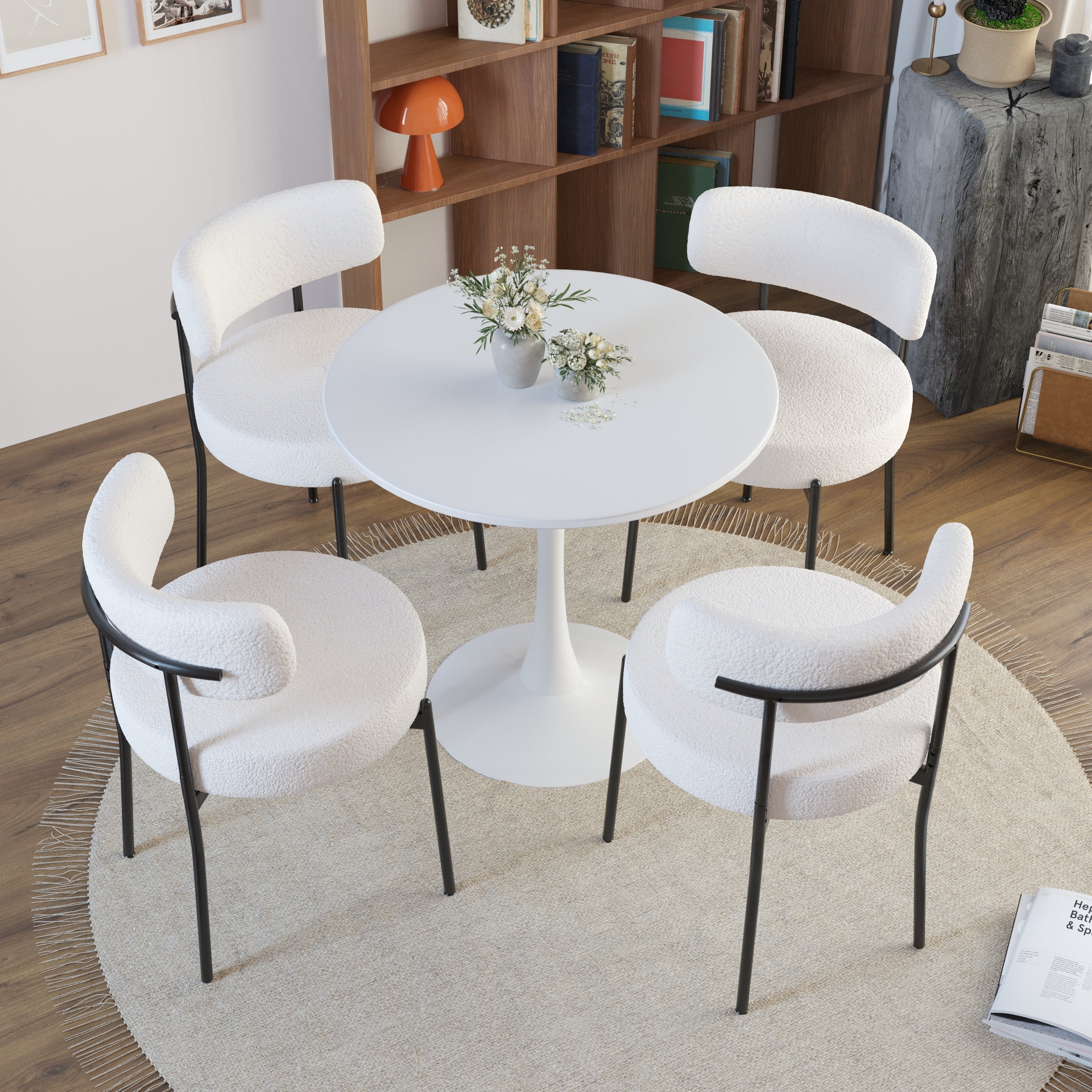 Set of 2 Dining Chairs, Mid-Century Modern, Curved Backrest Round Upholstered Boucle with Black Metal Legs