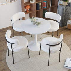 Set of 2 Dining Chairs, Mid-Century Modern, Curved Backrest Round Upholstered Boucle with Black Metal Legs