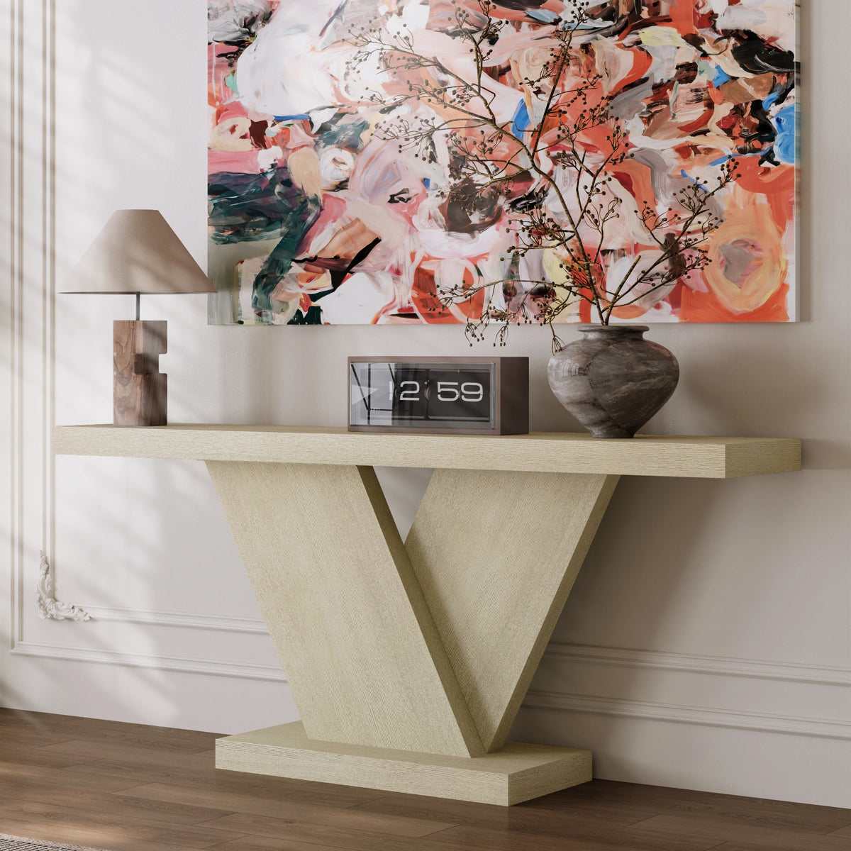 66' L Modern X-Leg Console Table with Solid Wood Veneer, Sturdy Entryway Hallway Table for Small Space, Mid-Century Narrow Sofa Table with Geometric Design & Wide Top, Oak Wash