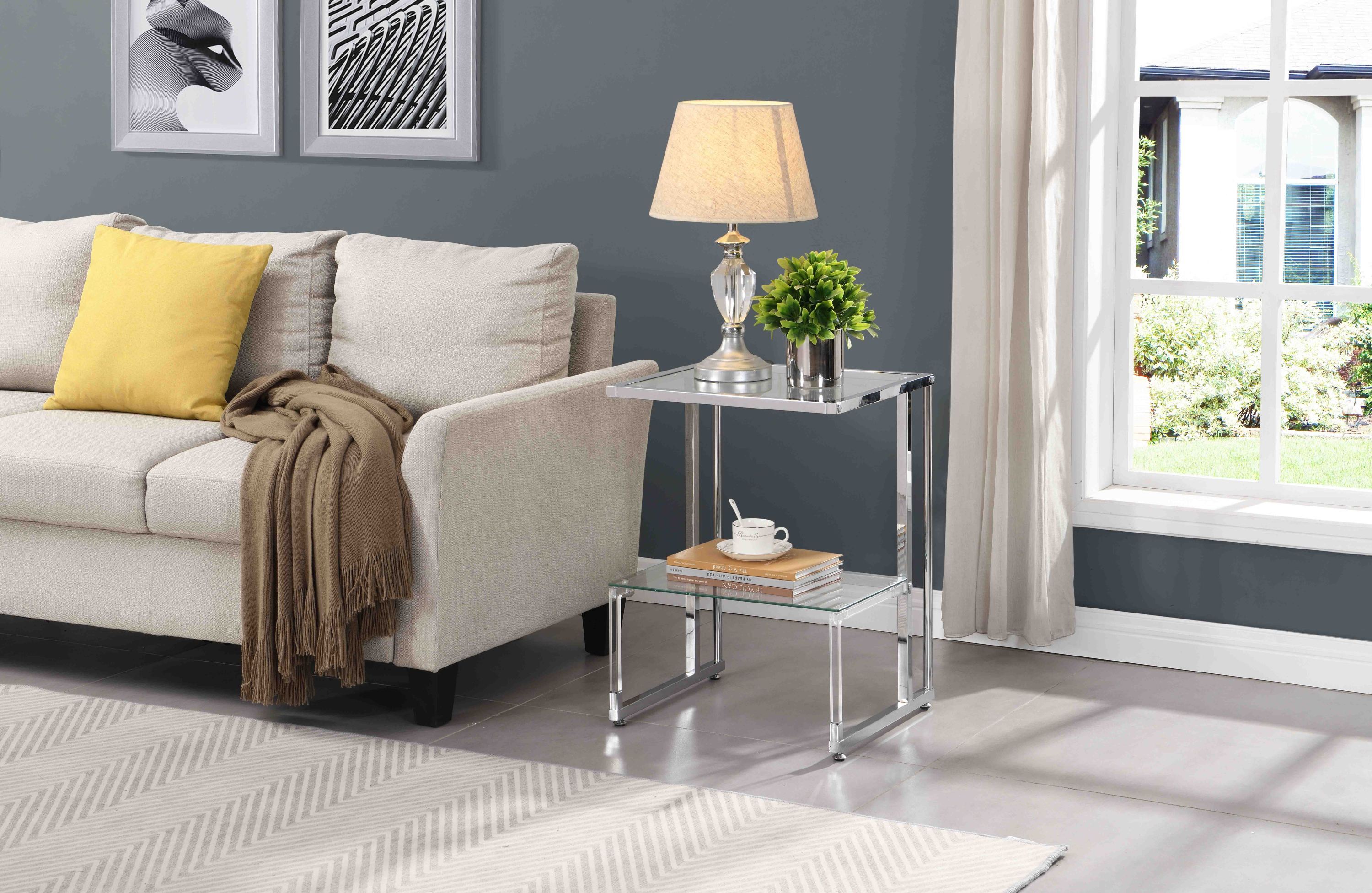 Silver Chrome Side Table, 2-Tier Acrylic Glass End Table
