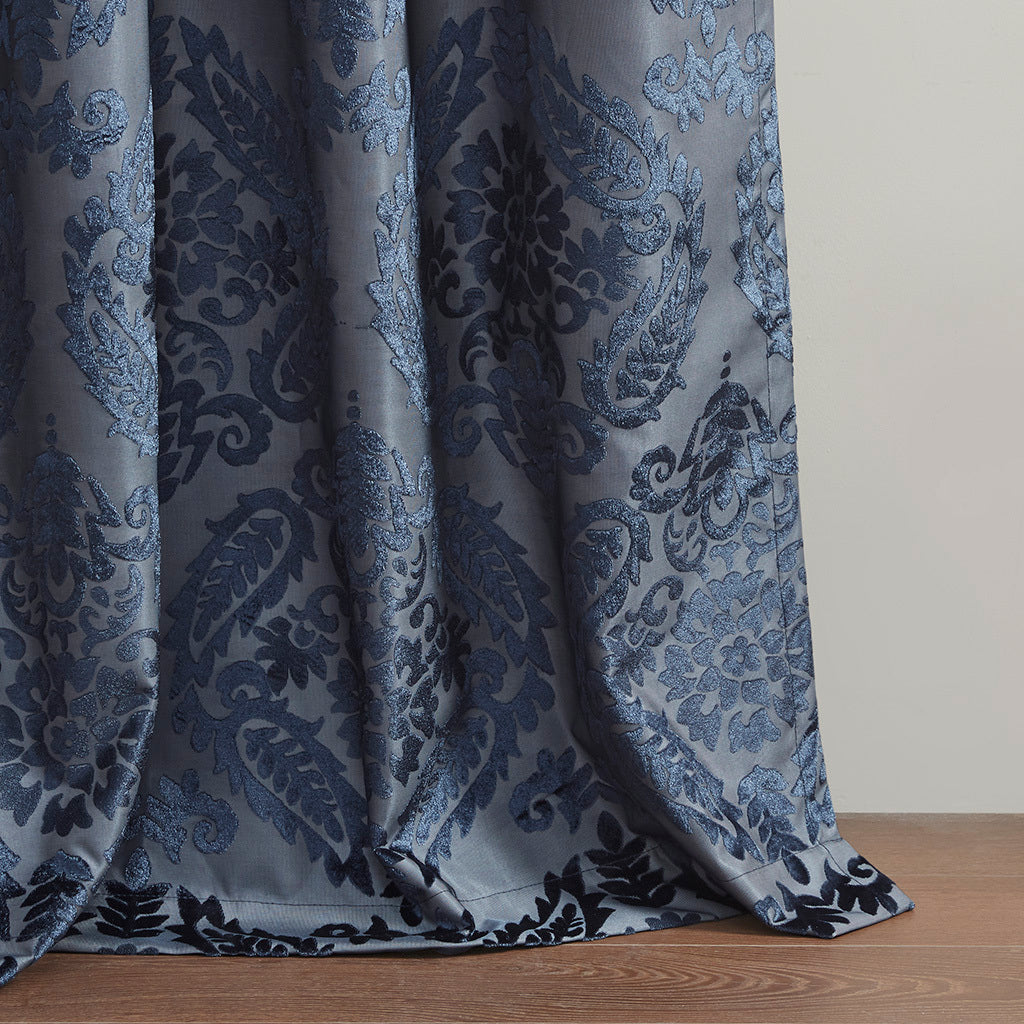 50x84" Knitted Jacquard Paisley Total Blackout Grommet Top Curtain Panel - Navy