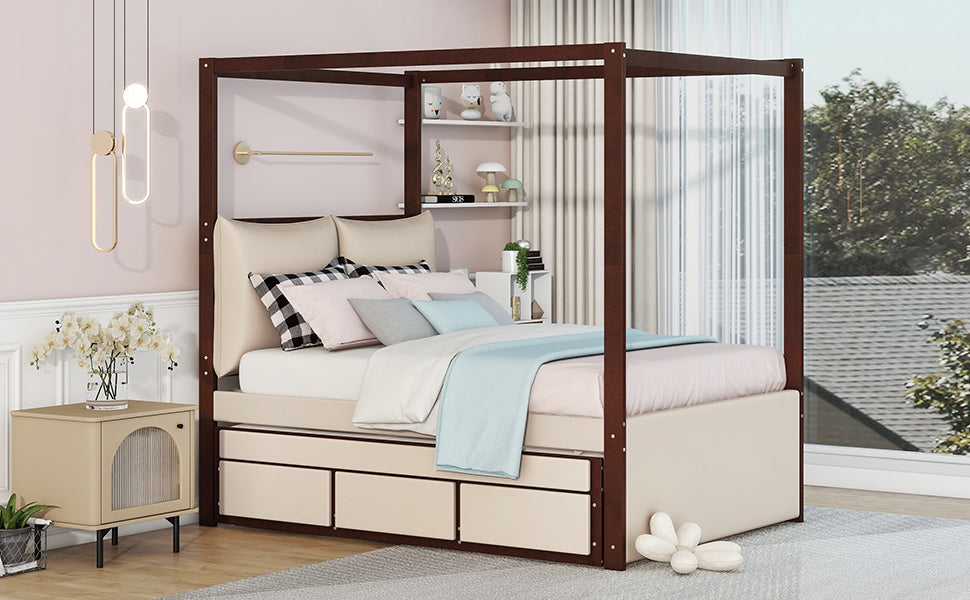 Full Size Upholstered  Canopy Bed with Trundle and 3 Drawers - Beige
