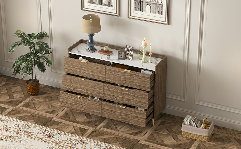 55" Long 6 Drawer Dresser with Marbling Worktop, Mordern Storage Cabinet with Metal Leg and Handle - Walnut