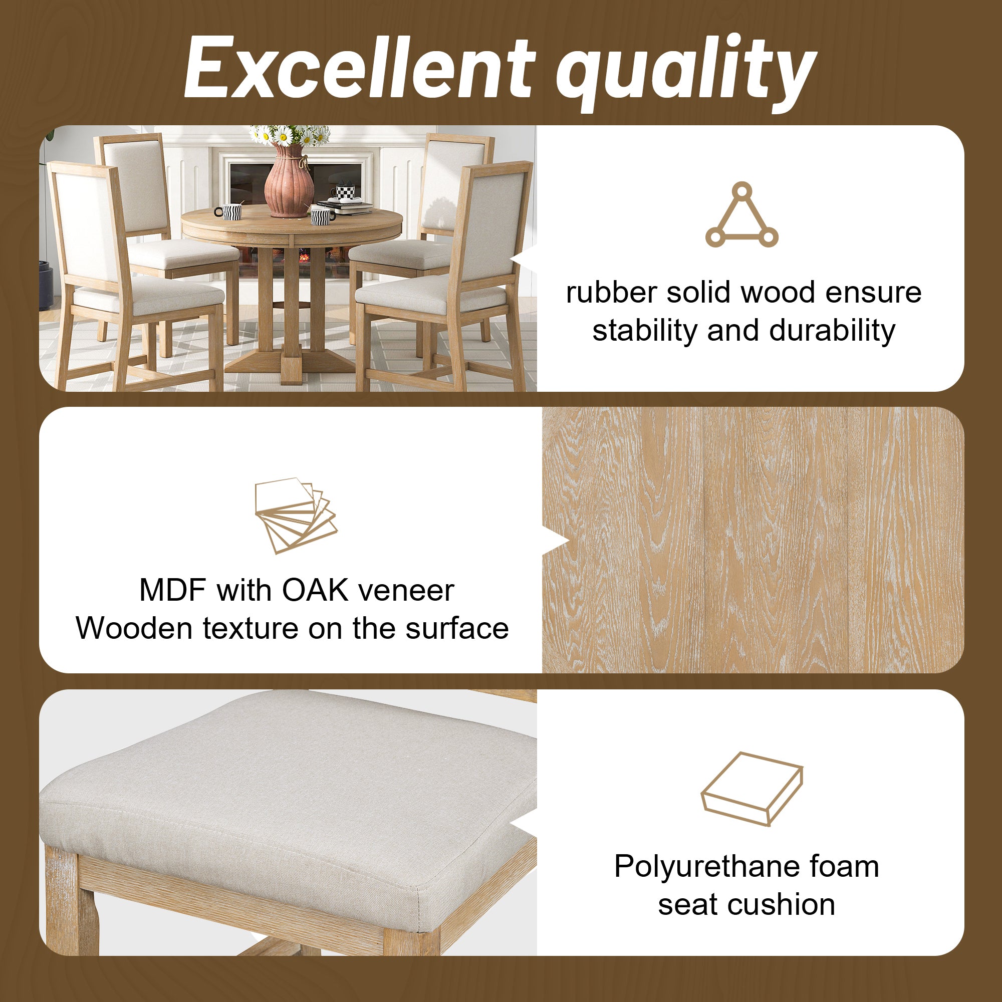 5-Piece Dining Set Extendable Round Table and 4 Chairs Farmhouse Dining Set - Natural Wood Wash