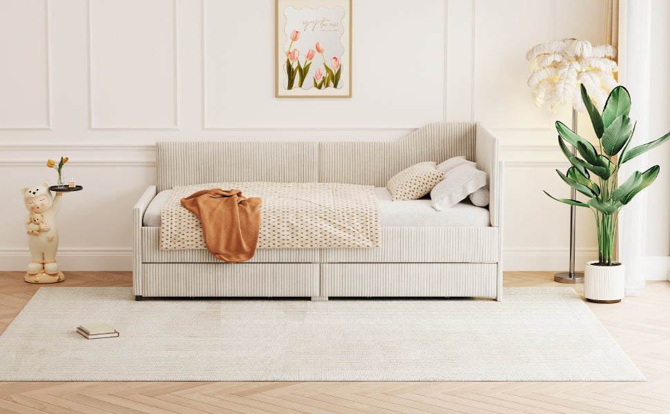 Twin Size L-Shaped Corduroy Daybed,Upholstered Bed Frame with  2 Storage Drawers, Beige