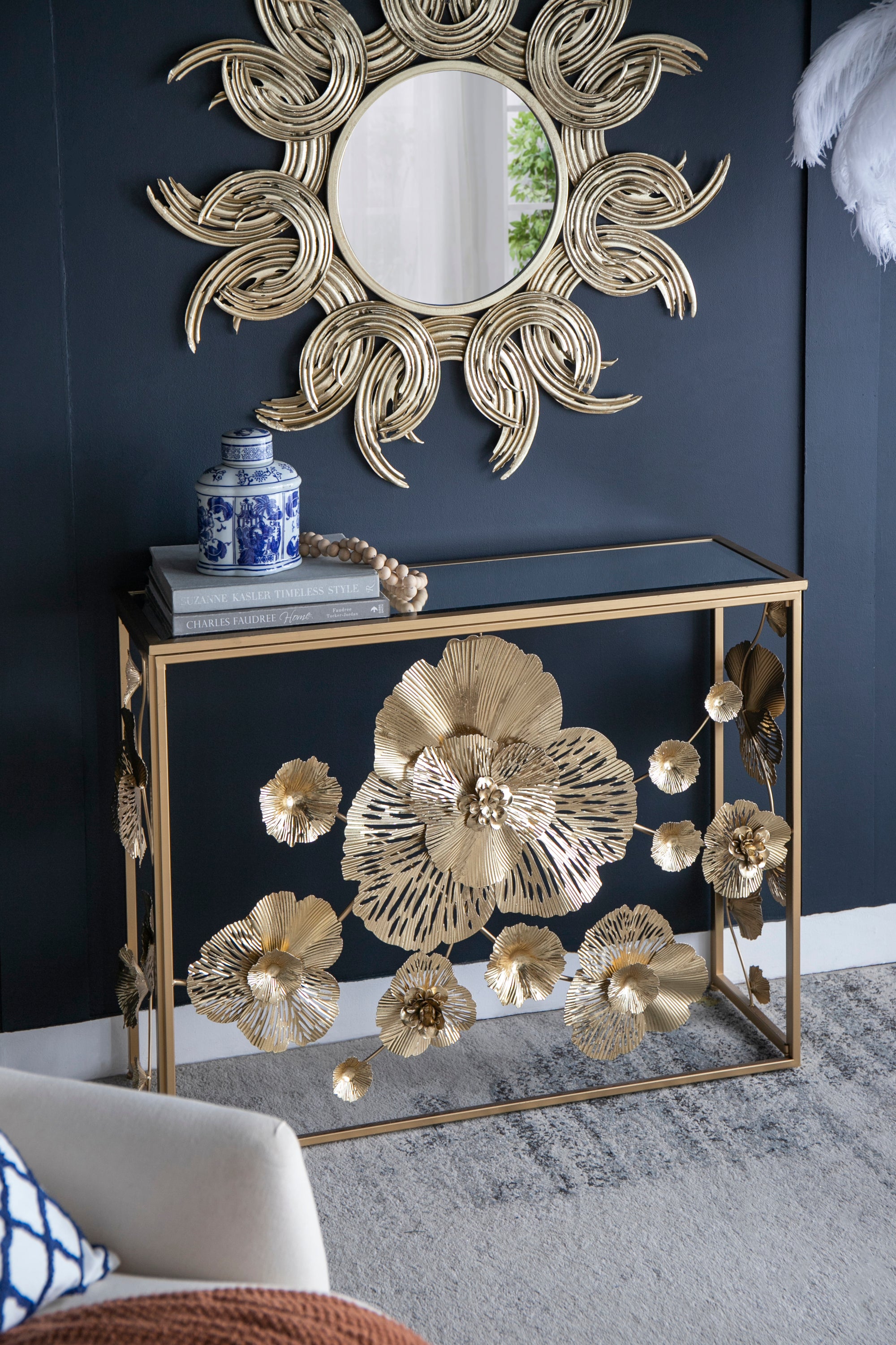 Gold Console Table with Mirrored Glass Top 39.5"x12"x30.5"