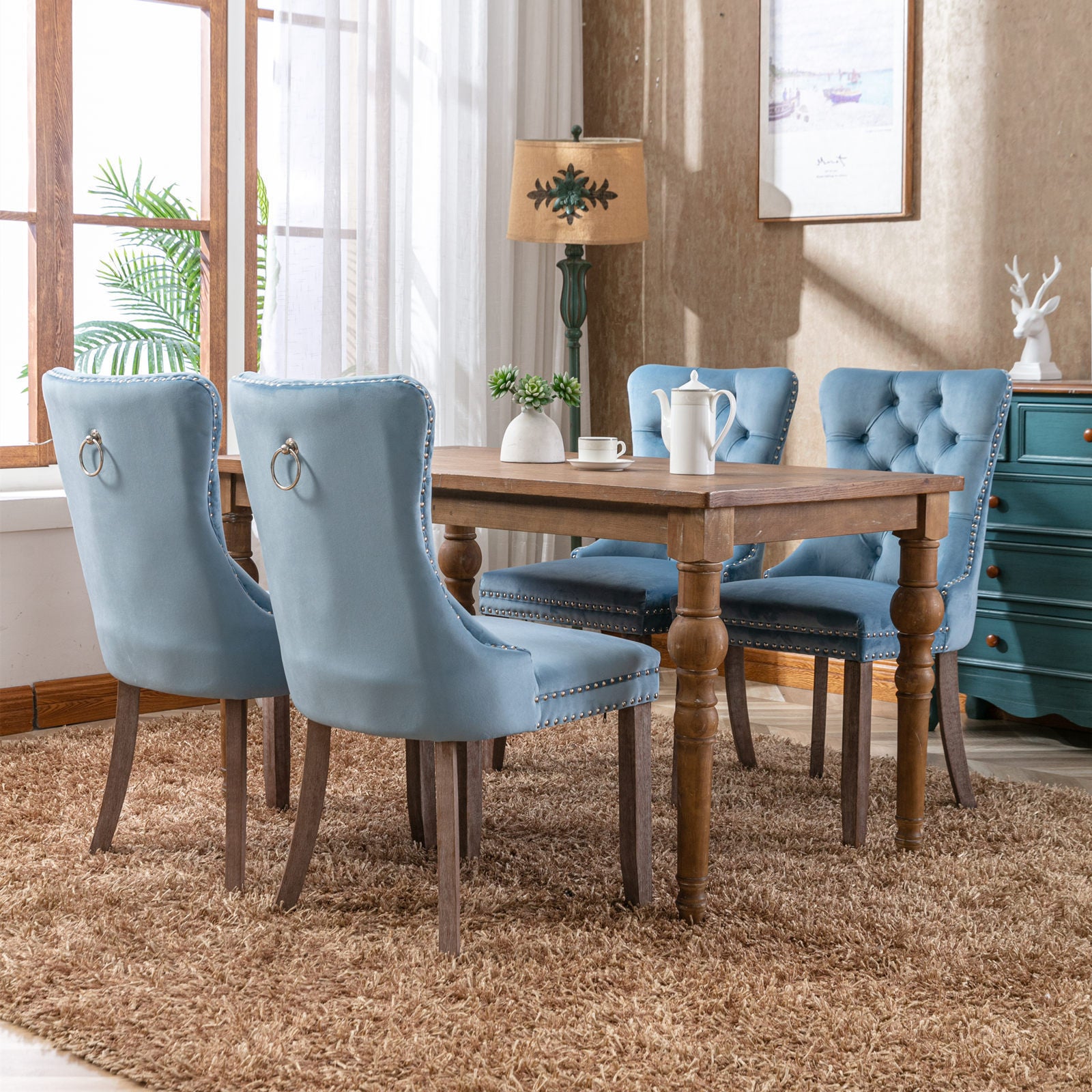 High-end Tufted Solid Wood Contemporary Velvet Upholstered Dining Chair with Wood Legs Nailhead Trim 2-Pcs Set, Light Blue