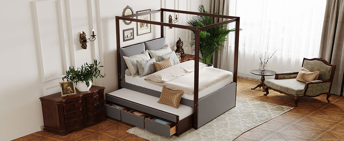 Full Size Upholstered  Canopy Bed with Trundle and 3 Drawers - Gray
