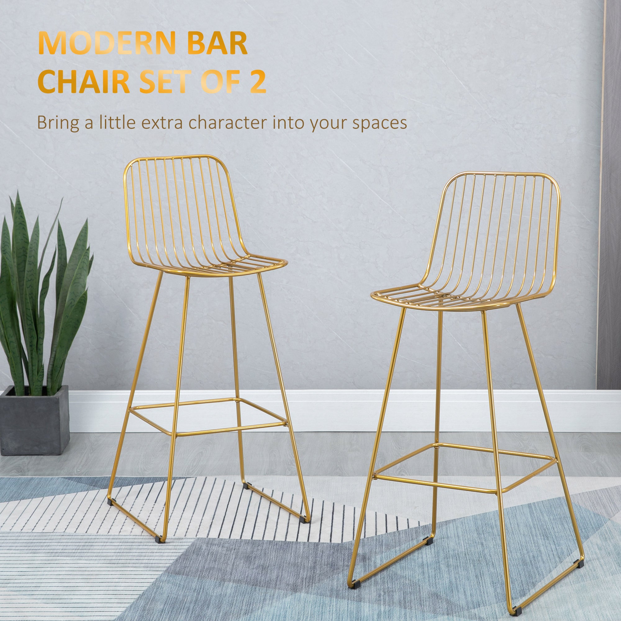 Set of 2 Gold Modern Bar Stools, Metal Wire Bar Height 30" with Back and Footrest