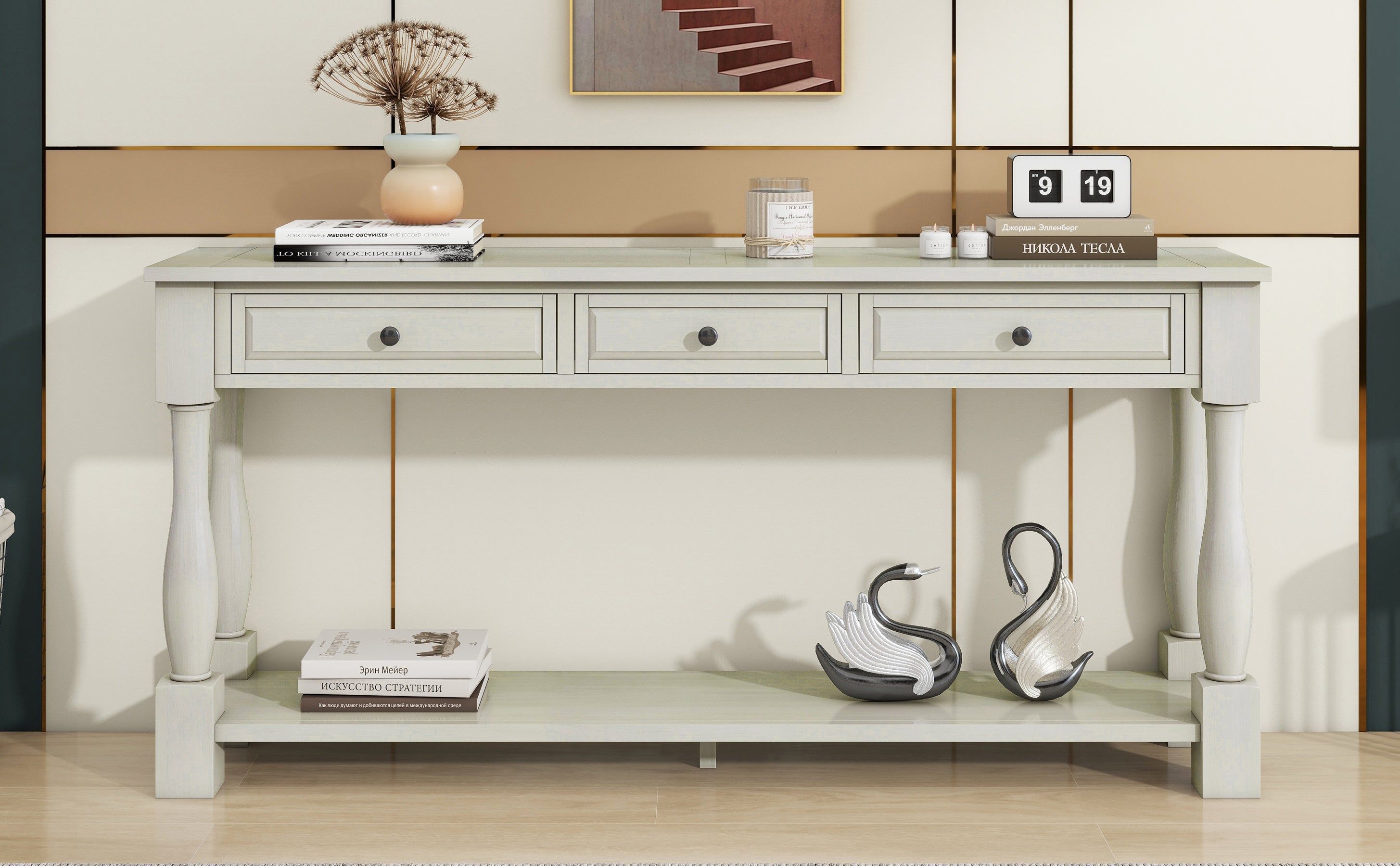 63" Long Console Table with Drawers and Shelf for Entryway, Hallway, Living Room - Antique White