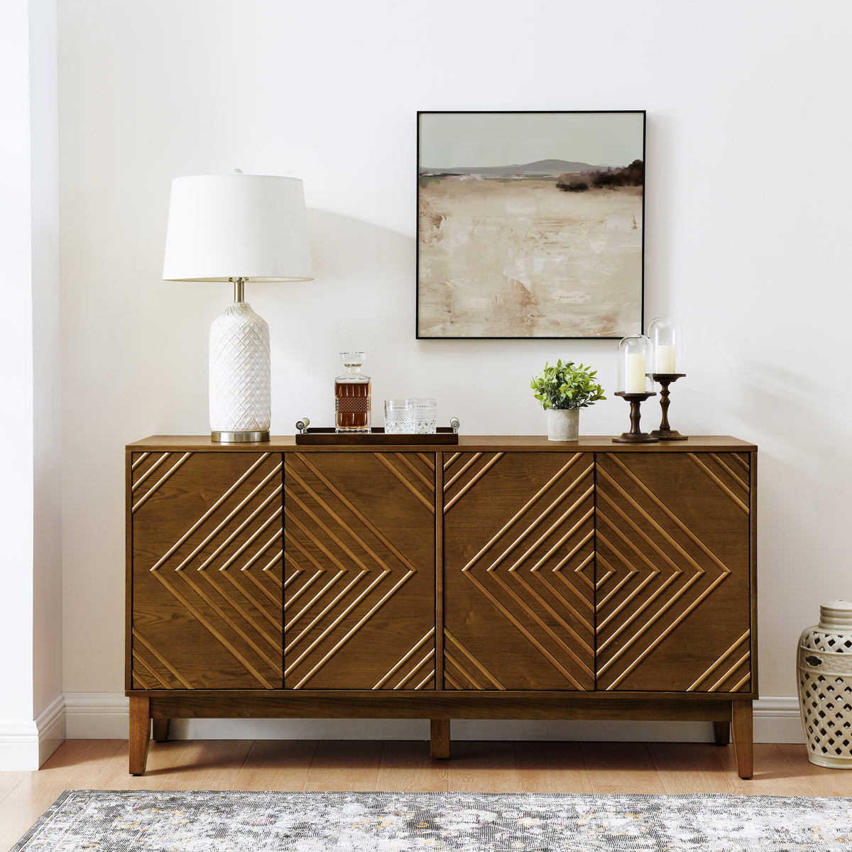 60.5'' Buffet Cabinet with Storage, Farmhouse Fluted Sideboard with Geometric Pattern & Adjustable Shelves, Mid Century Modern TV Stand for Living Room Kitchen Dining Room Entryway, Walnut