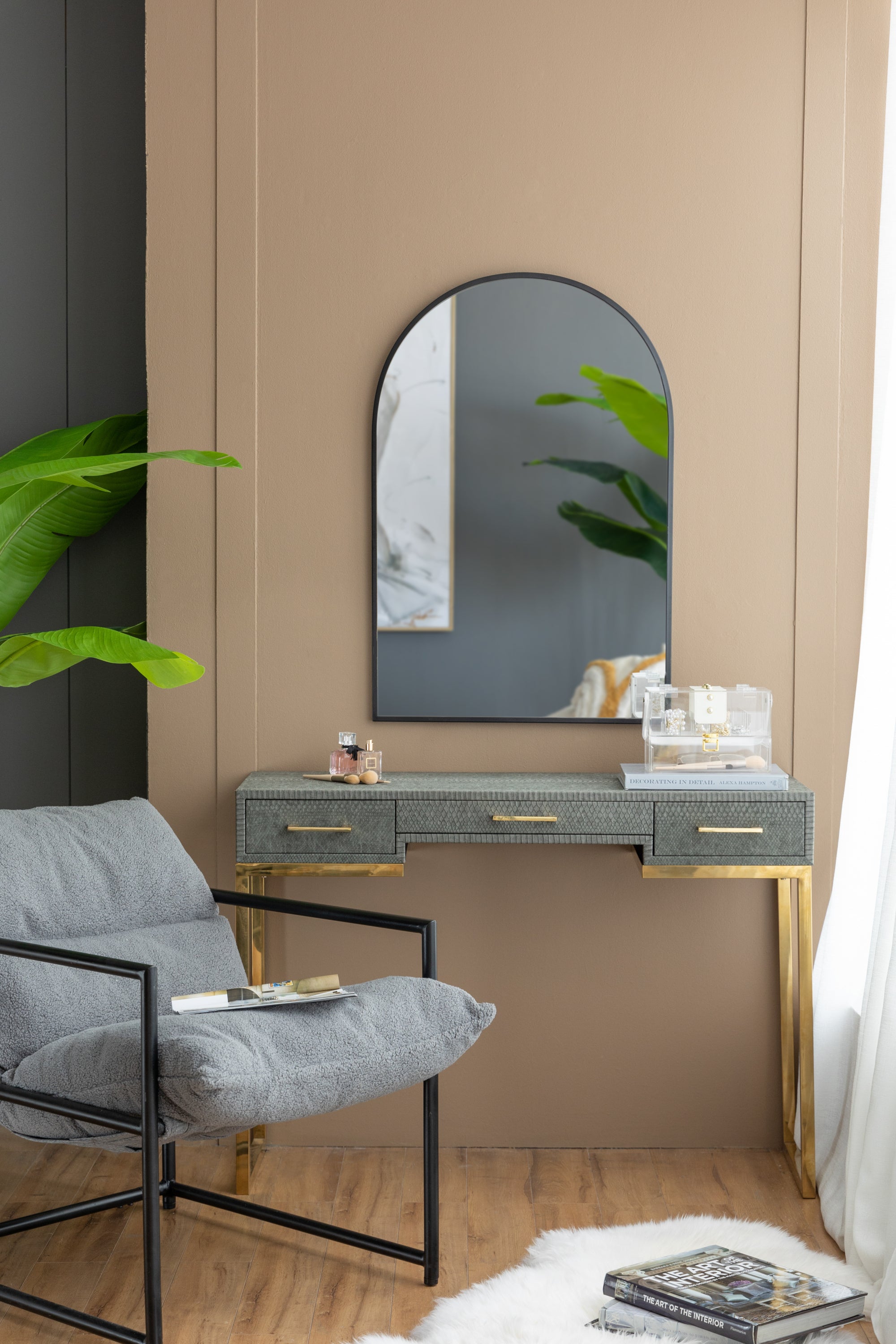 Black Arched Mirror with Metal Frame