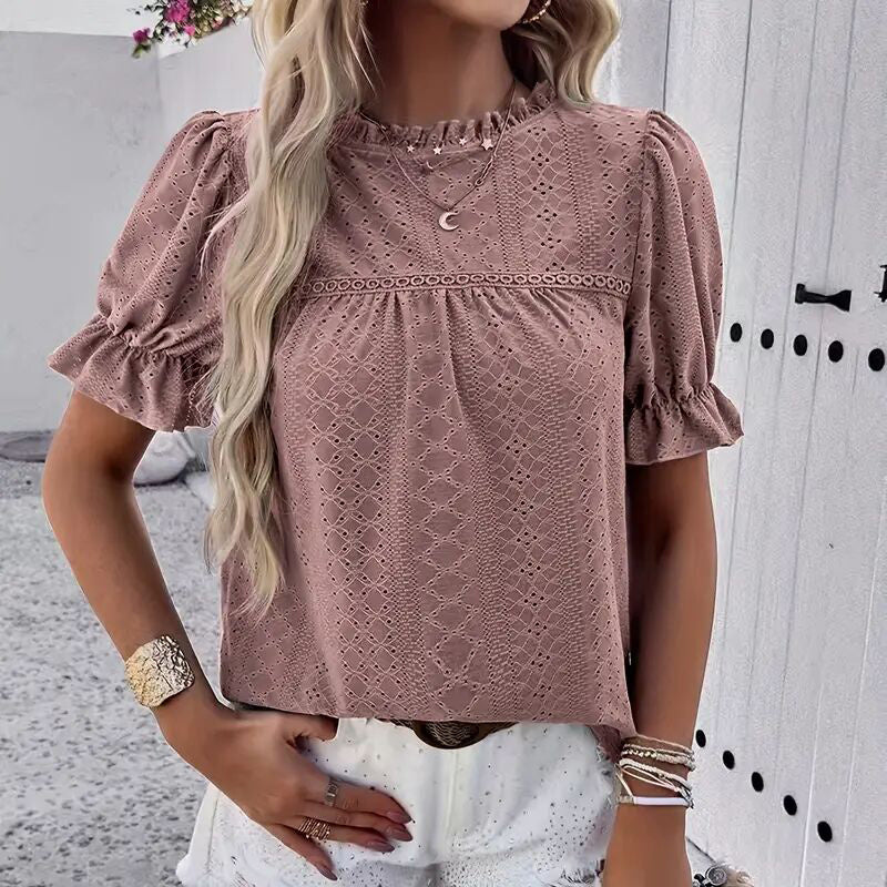 Women's Elegant Ruffle Detail Blouse Short Sleeve Round Neck Top