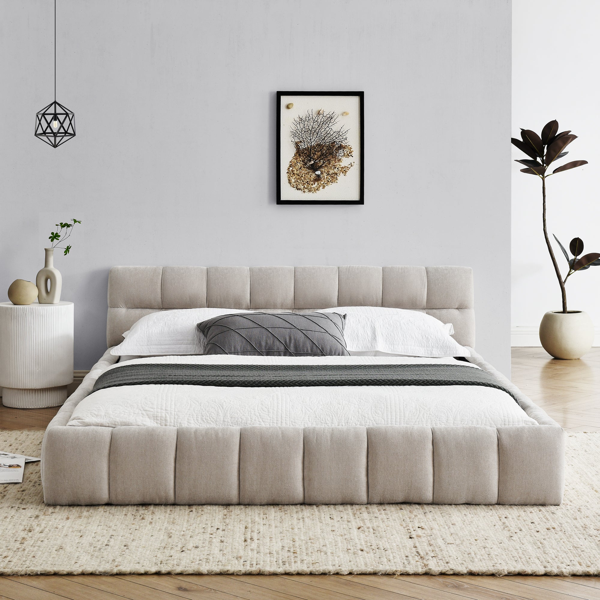 Queen Size Upholstered Bed Frame with Thick Fabric, Chenille Fabric Grounded Queen Size Platform Bed with Headboard and Solid Frame. No Box Spring Needed, Beige(68''x86.5''x23.5'')