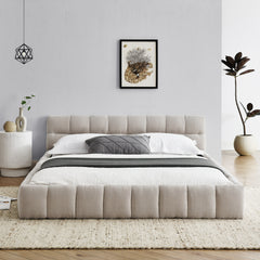 Queen Size Upholstered Bed Frame with Thick Fabric, Chenille Fabric Grounded Queen Size Platform Bed with Headboard and Solid Frame. No Box Spring Needed, Beige(68''x86.5''x23.5'')