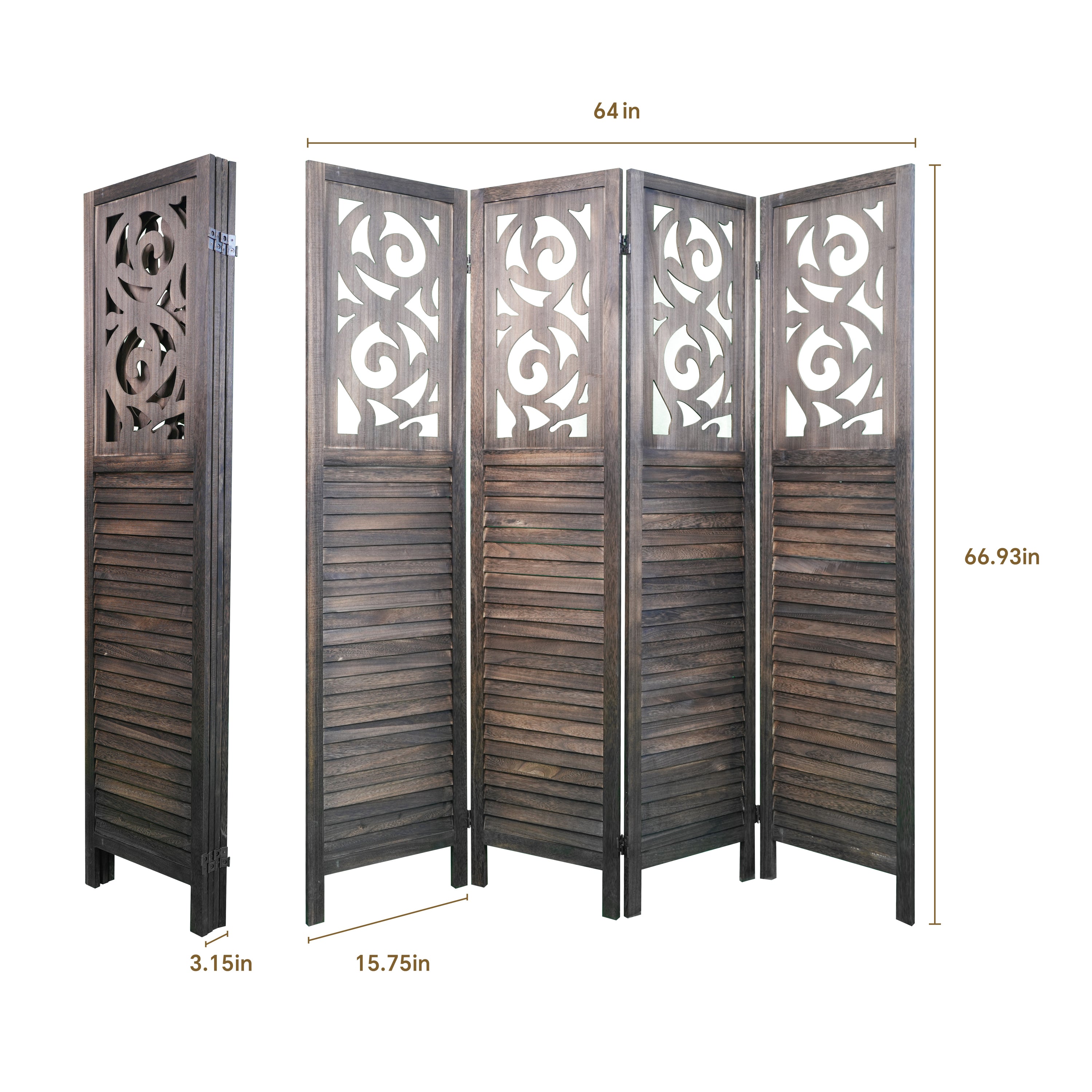 4 Panel Room Dividers, 6FT Carved Wood - Rustic Brown
