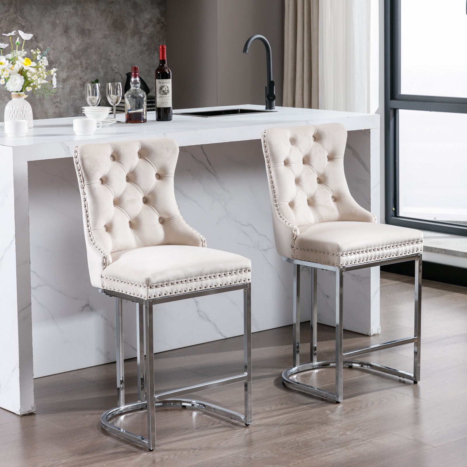 Modern Velvet Barstools 26" Counter Height Bar Stools (Set of 2) - Beige