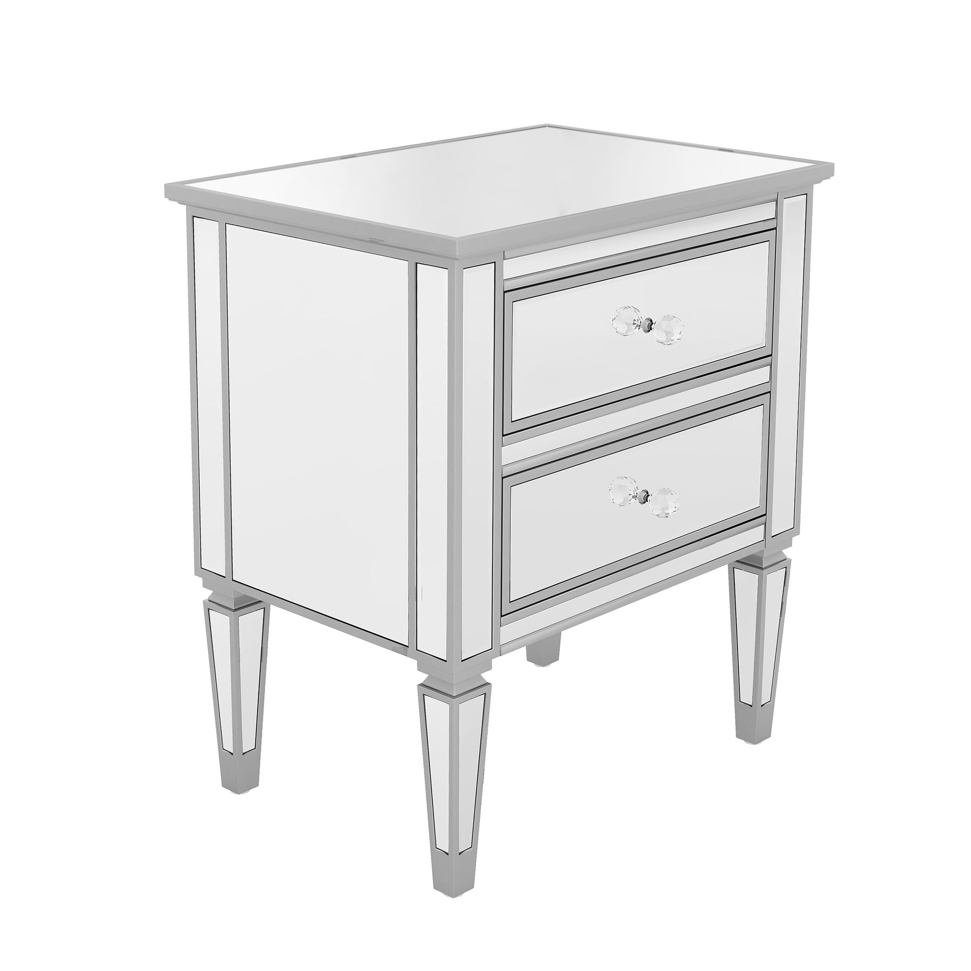 Elegant Mirrored Side Table with 2 Drawers, Modern Silver Finished