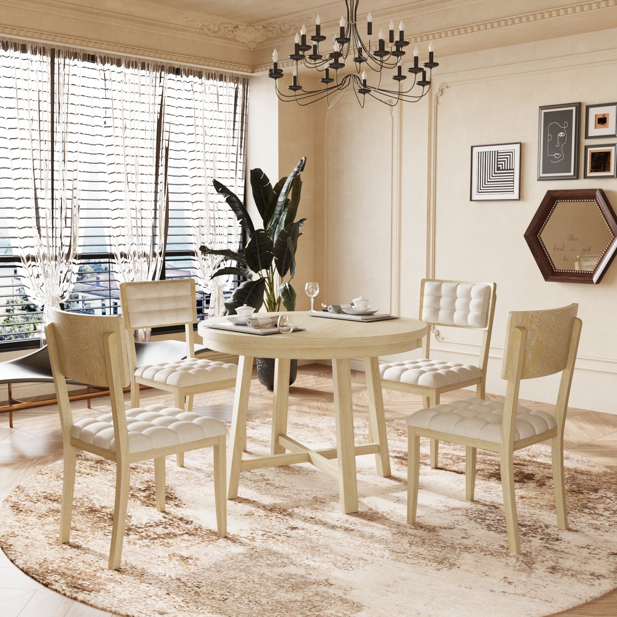 Rustic 42inch Round Dining Table Set with Cross Legs and Upholstered Dining Chairs for Small Places, Natural