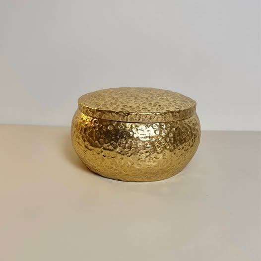 Gold Round Decorative Box with Lid, Textured Finish, Elegant Storage Container