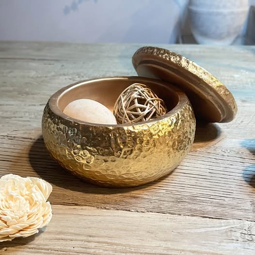 Gold Round Decorative Box with Lid, Textured Finish, Elegant Storage Container