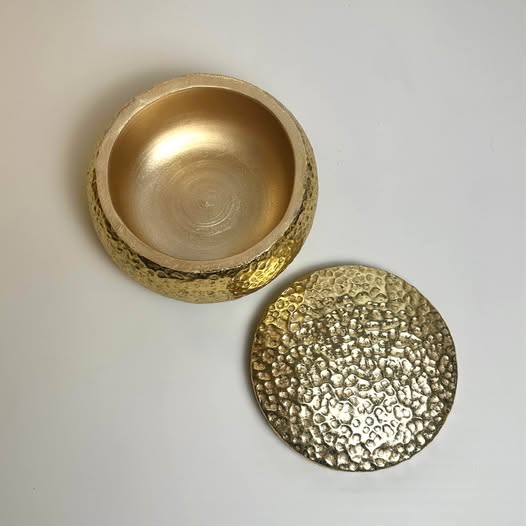 Gold Round Decorative Box with Lid, Textured Finish, Elegant Storage Container