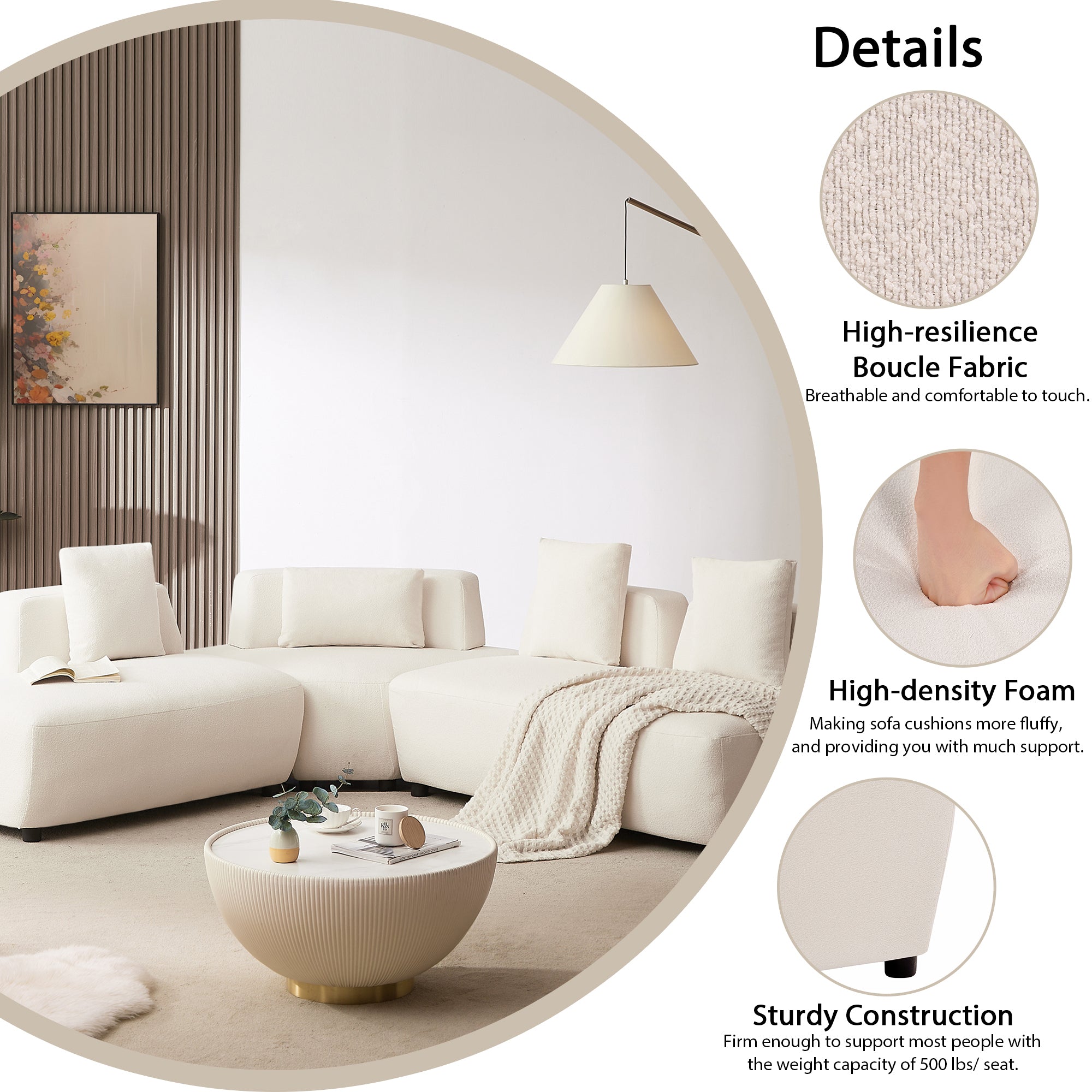Contemporary 3-piece Sectional Sofa Free Convertible sofa with Four Removable Pillows - Beige