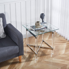 Silver Stainless Steel With Acrylic Frame Clear Glass Top End Table