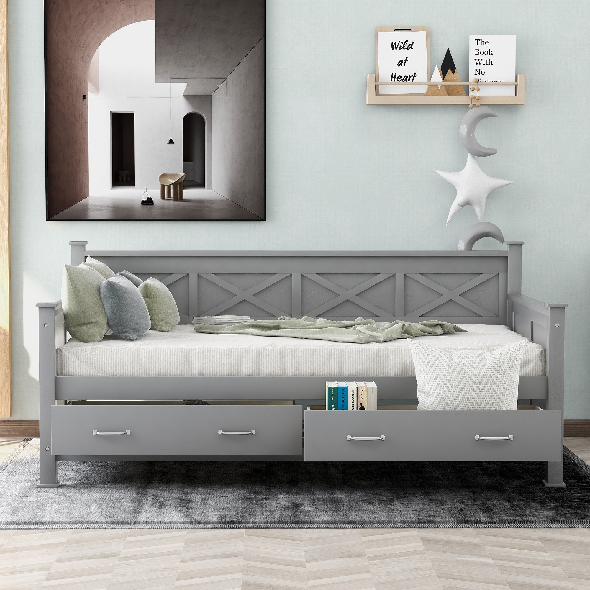 Twin Size Daybed with 2 Large Drawers, X-shaped Frame, Modern and Rustic Casual Style - Grey