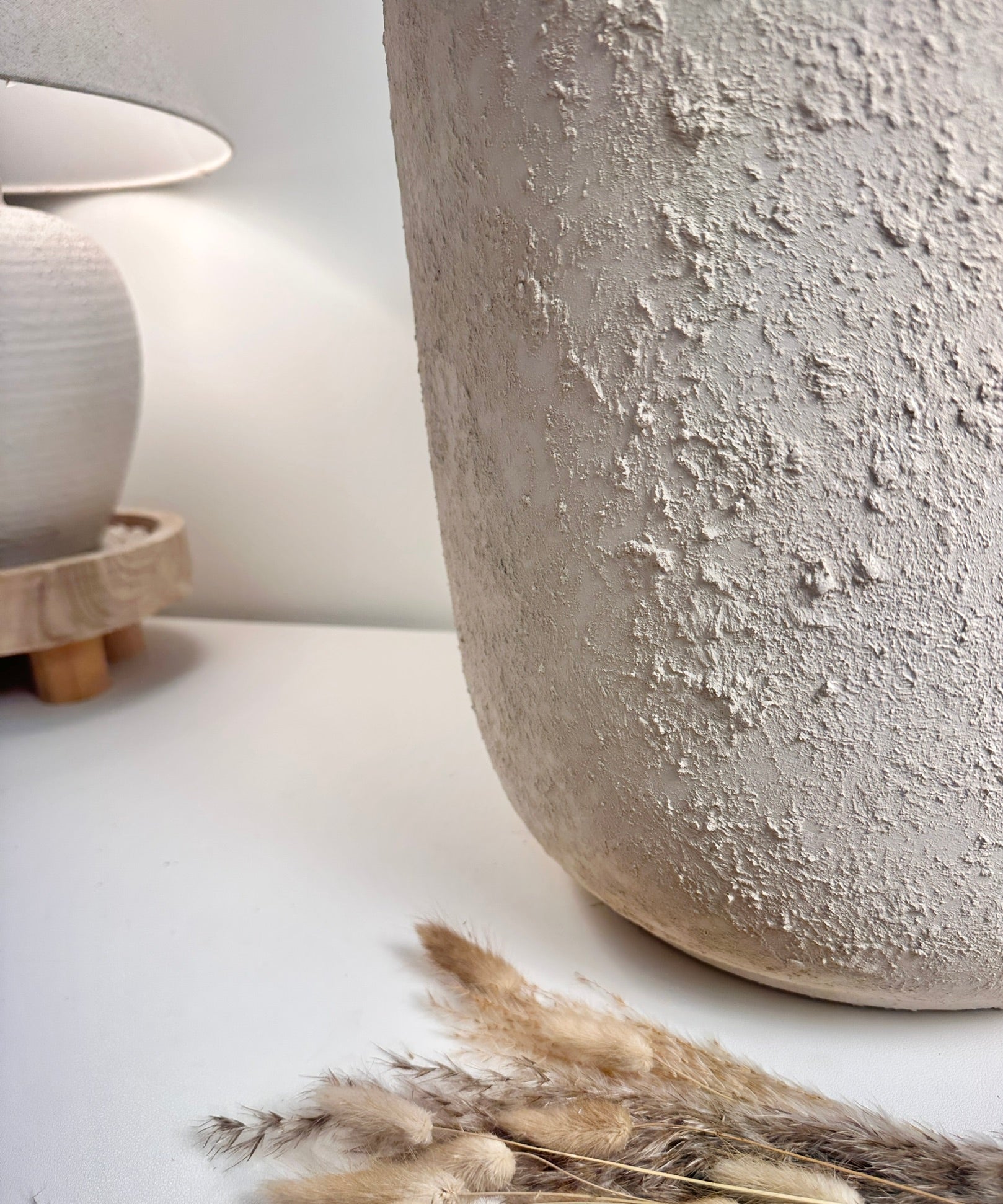 Minimalist Hand-Painted & Textured Planter Pot 14" tall with drainage hole one time creation - Cream