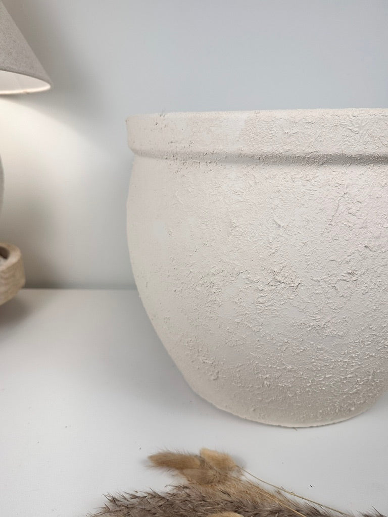 Minimalist Hand-Painted & Textured Planter Pot 12" tall with drainage hole one time creation - Cream