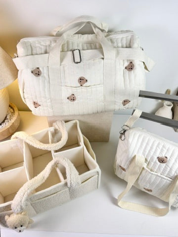 Set of 3 Stroller Bag, Travel Bag and Caddy Diaper Bag for Baby Essentials - Cream
