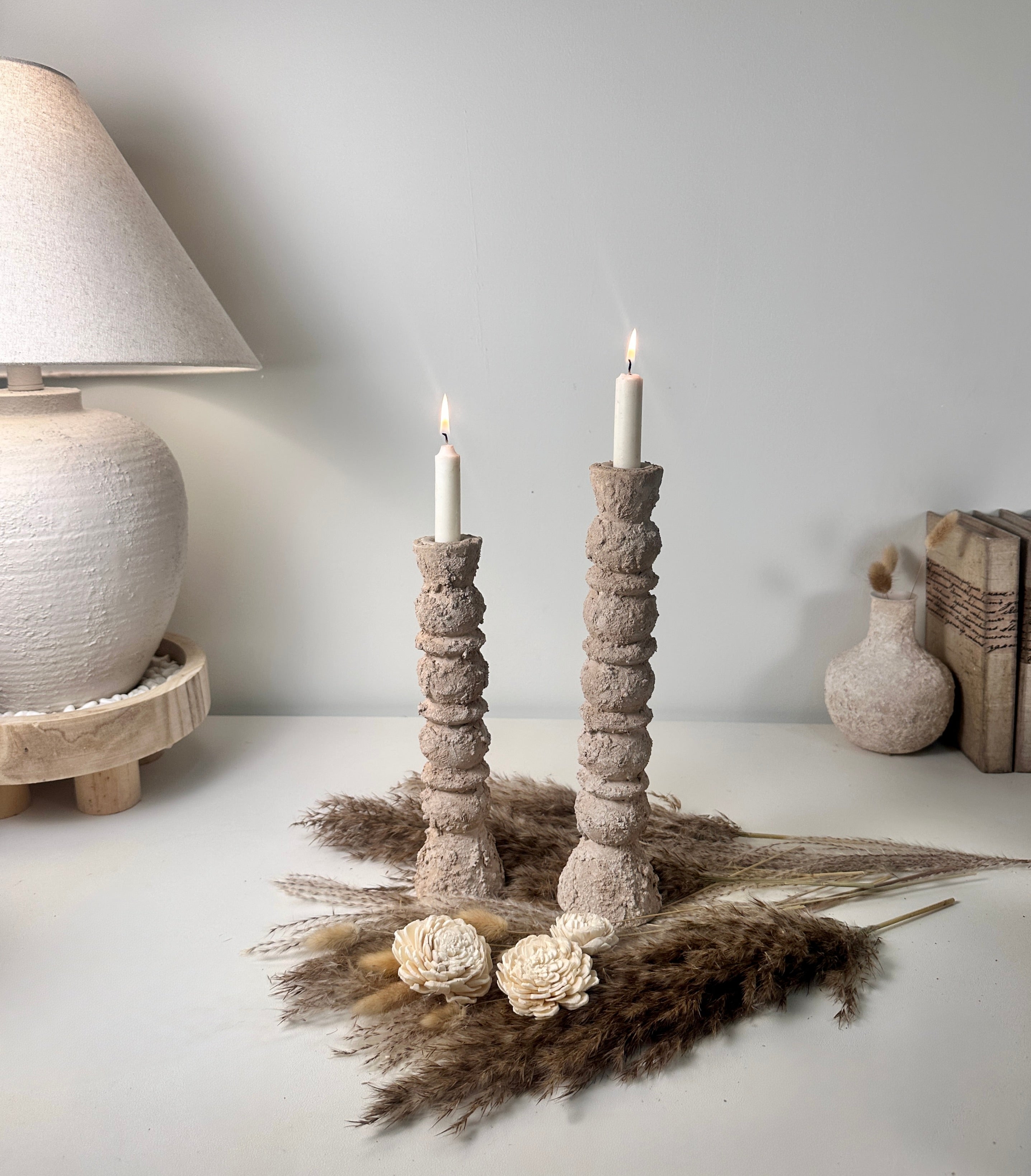 Set of 2 candlestick holders hand-painted and textured minimalist rustic style 12" tall and 10" tall - Tan Beige