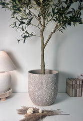 13.5" Minimalist Hand-Painted & Textured Planter Pot with Drainage Hole - Beige Wash