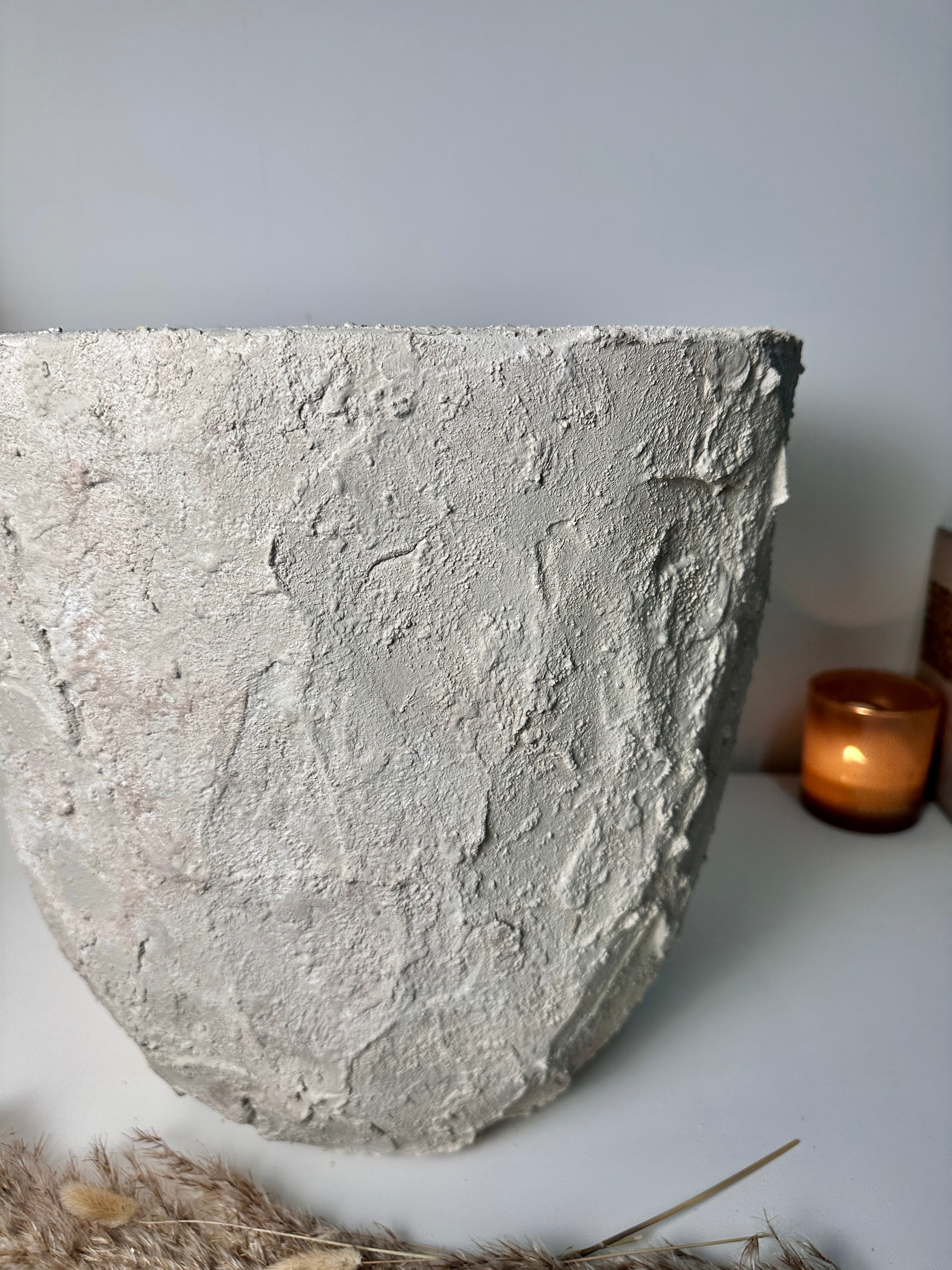 Minimalist Hand-Painted & Textured Planter Pot 14" tall with drainage hole one time creation - Cream