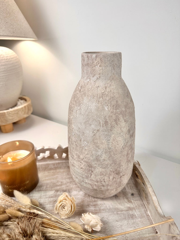 Rustic Hand-Painted/Textured Ceramic Vase 12” tall - beige washed