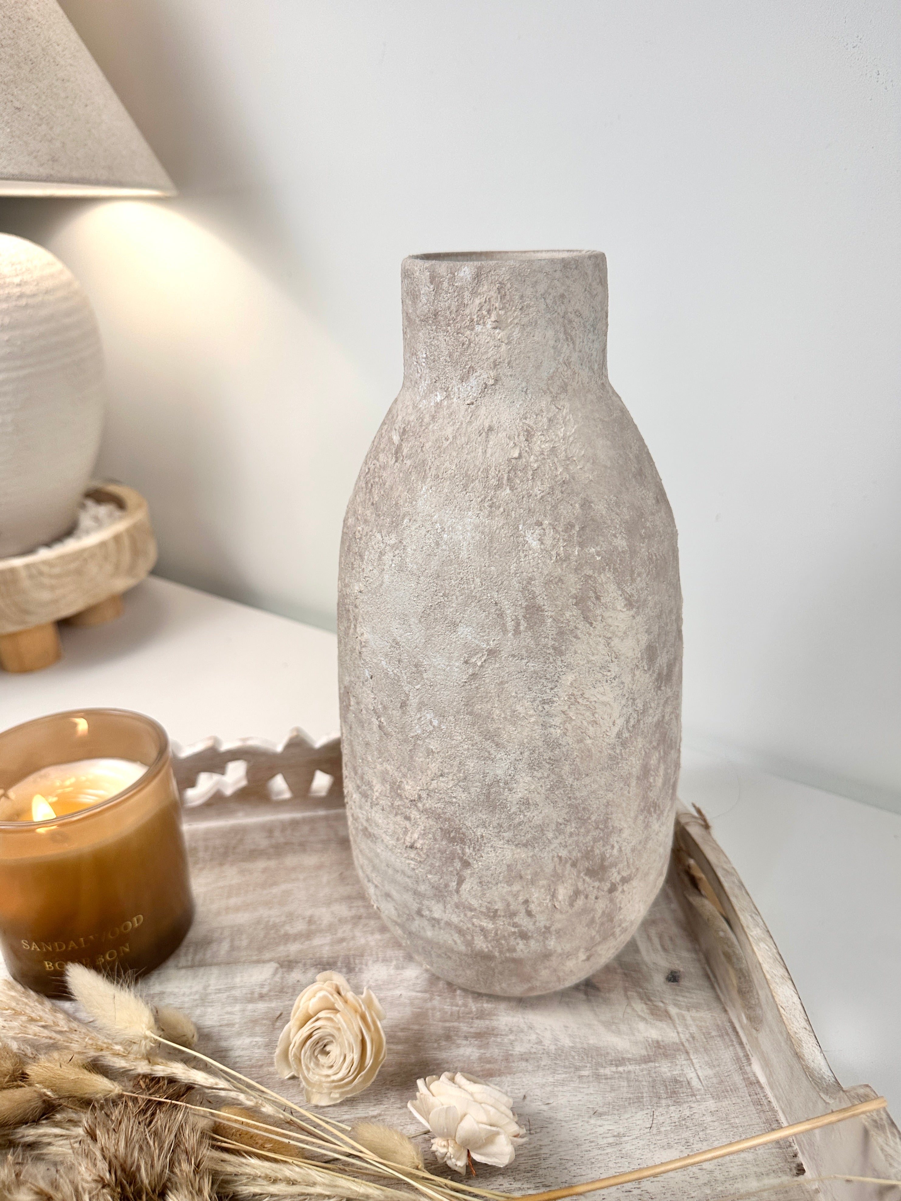 Rustic Hand-Painted/Textured Ceramic Vase 12” tall - beige washed