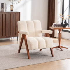Mid-Century Modern Accent Chair, Cloud-Shaped Lounge Armchair with Solid Wood Frame, Chenille Fabric Lounge Chair for Living Room, Bedroom, Balcony-Beige