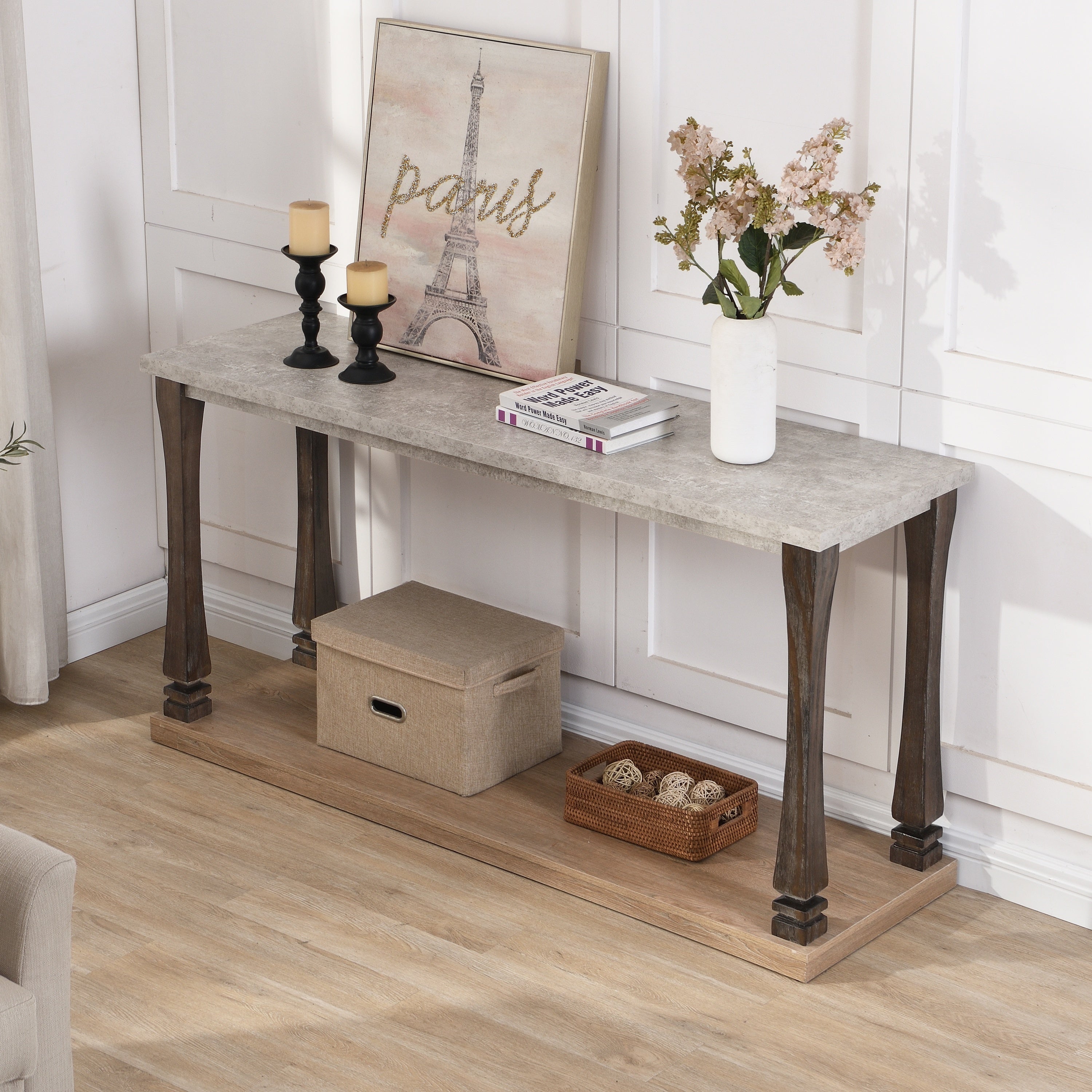 Mid-Century Console Table for Entryway, Wood sofa Table with 2-Tier Storage Shelf, 48 inch Long Rectangle -Grey Tabletop