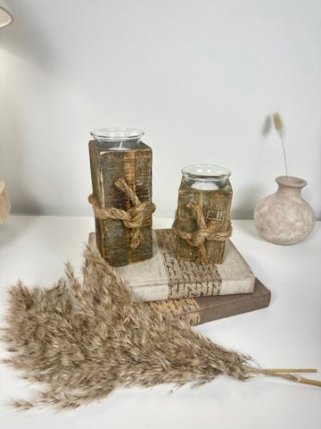 Set of 2 Rustic Farmhouse Handcrafted Candle Holders 4“ and 6” tall