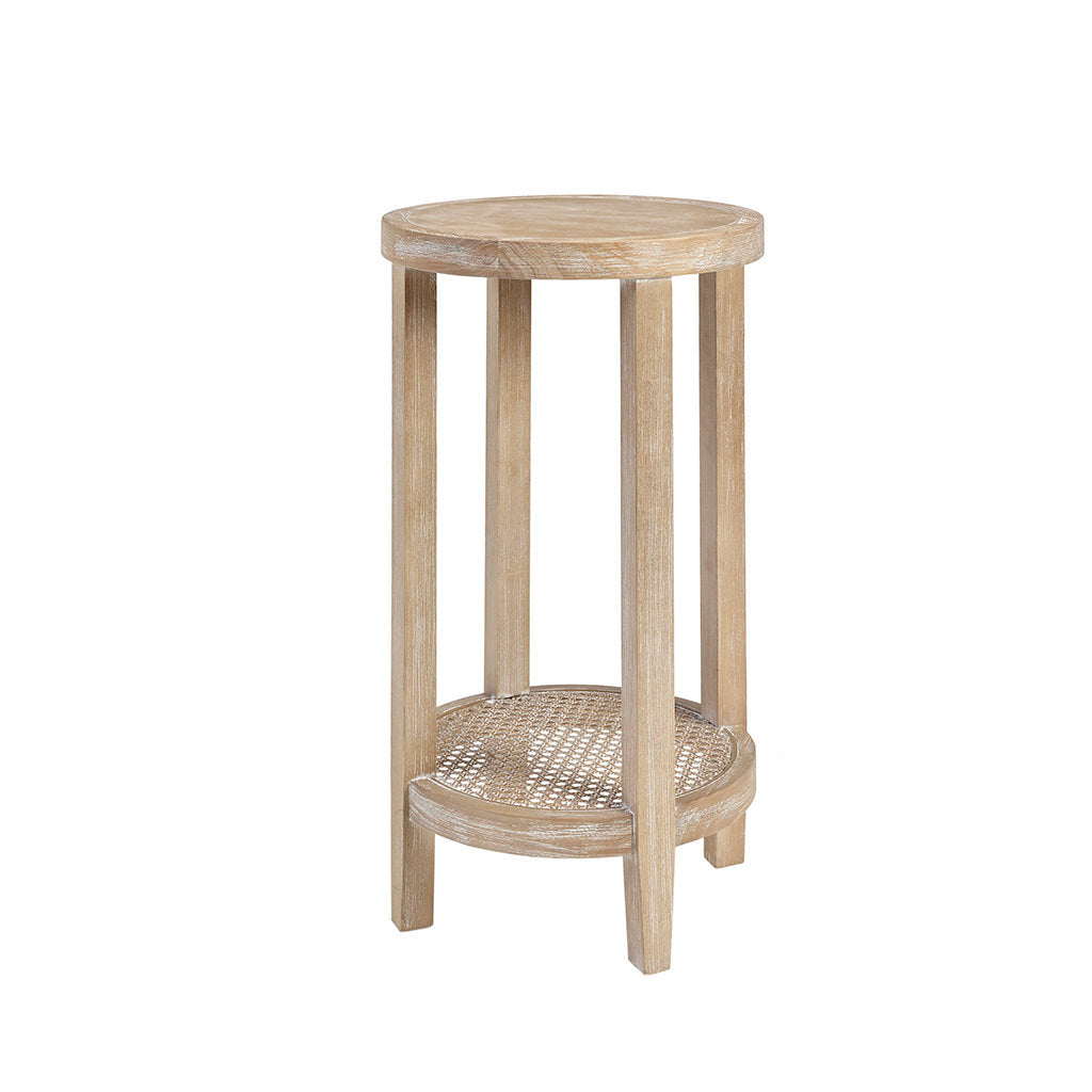 Rattan and Wood Round Accent Table