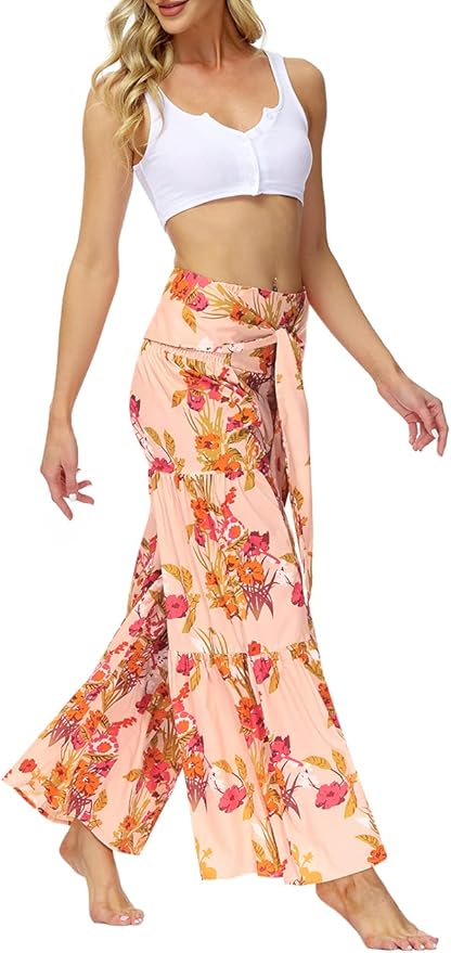 Floral Print Wide Leg Palazzo Pants, Summer Beach Lounge Trousers