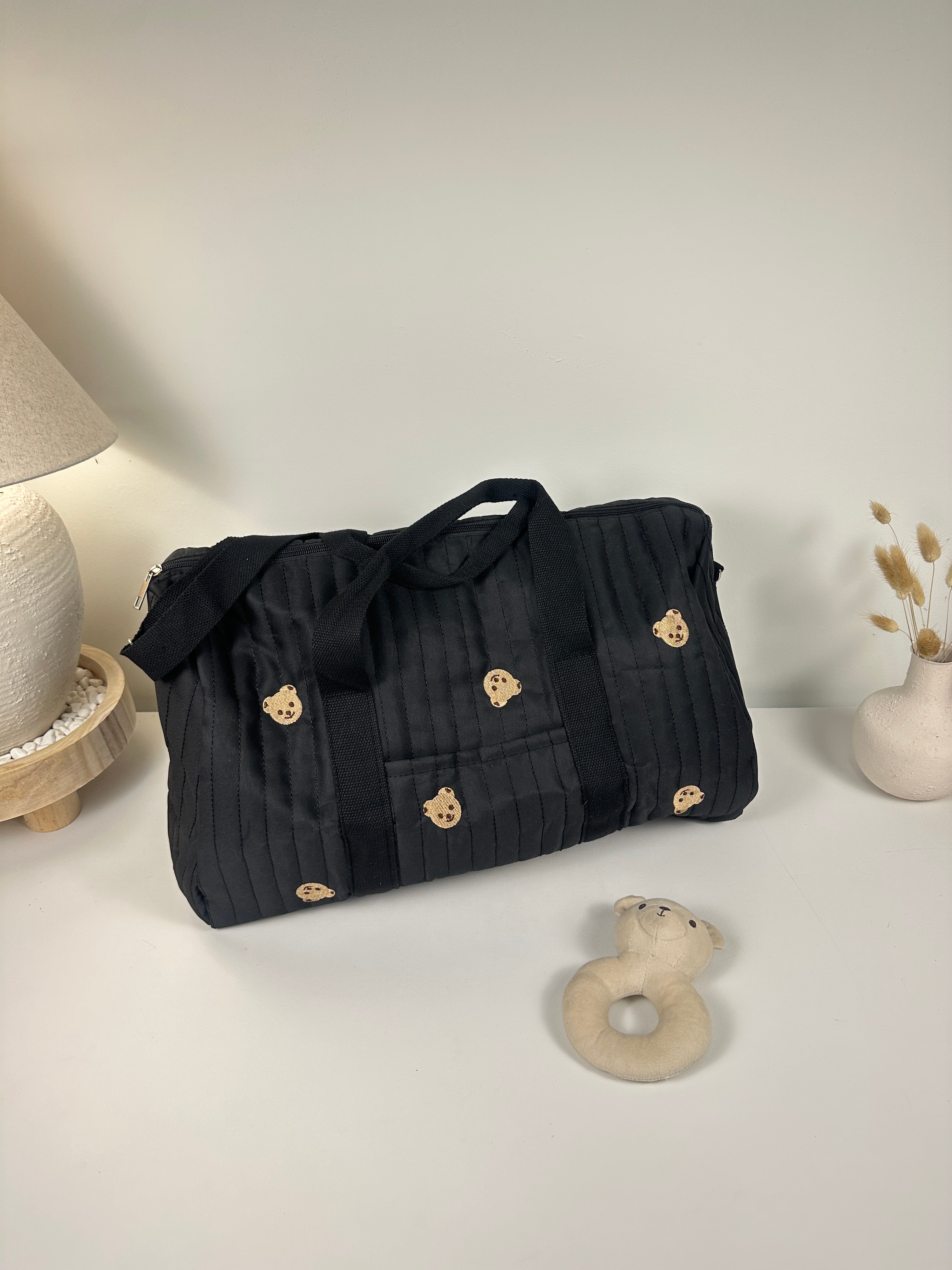 Cozy Quilted Baby Diaper Bag with Bear Pattern, Large Capacity Travel Tote 18“Lx6”Wx12“H