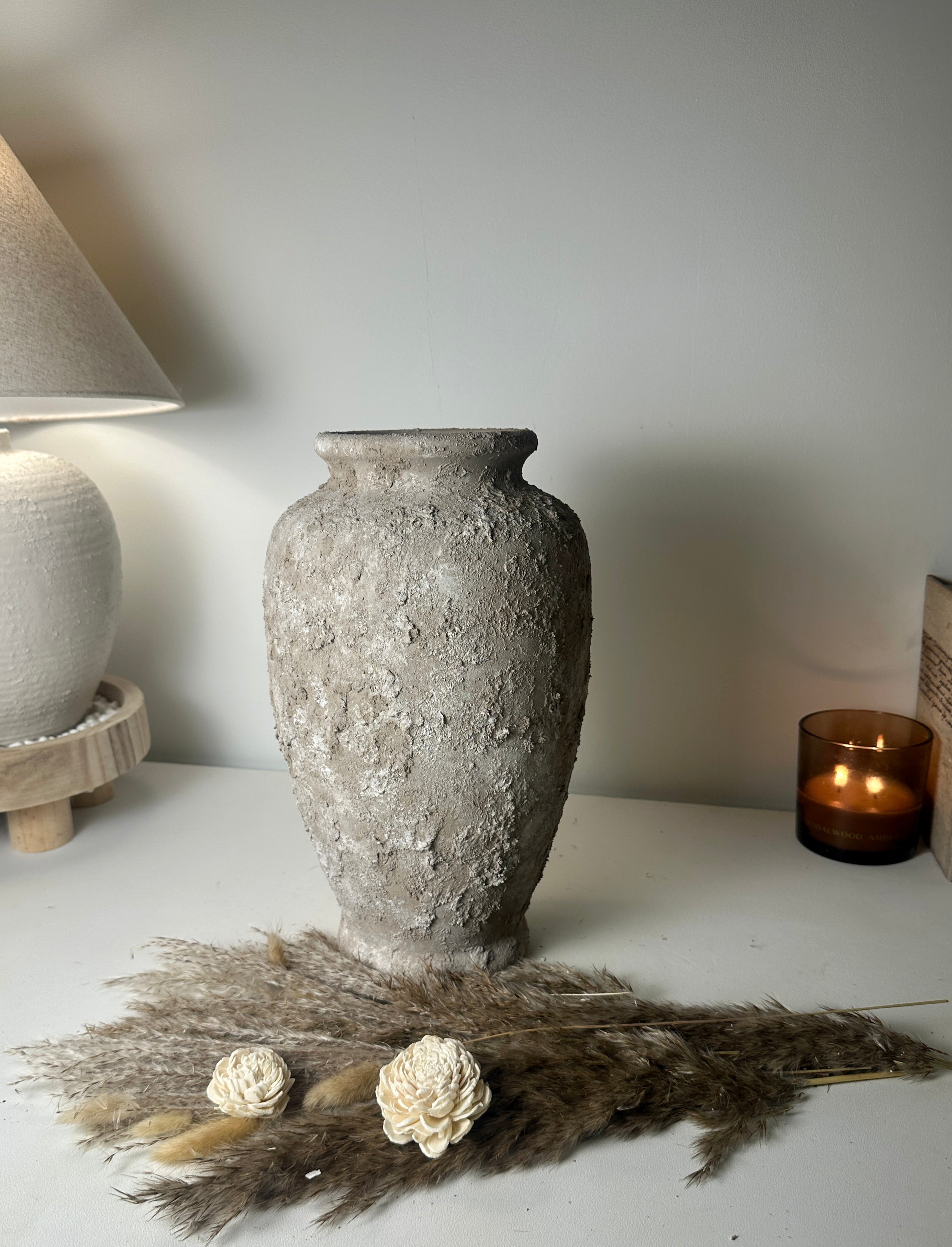 Rustic Hand-Painted Textured Ceramic Vase 14" tall - Beige Wash