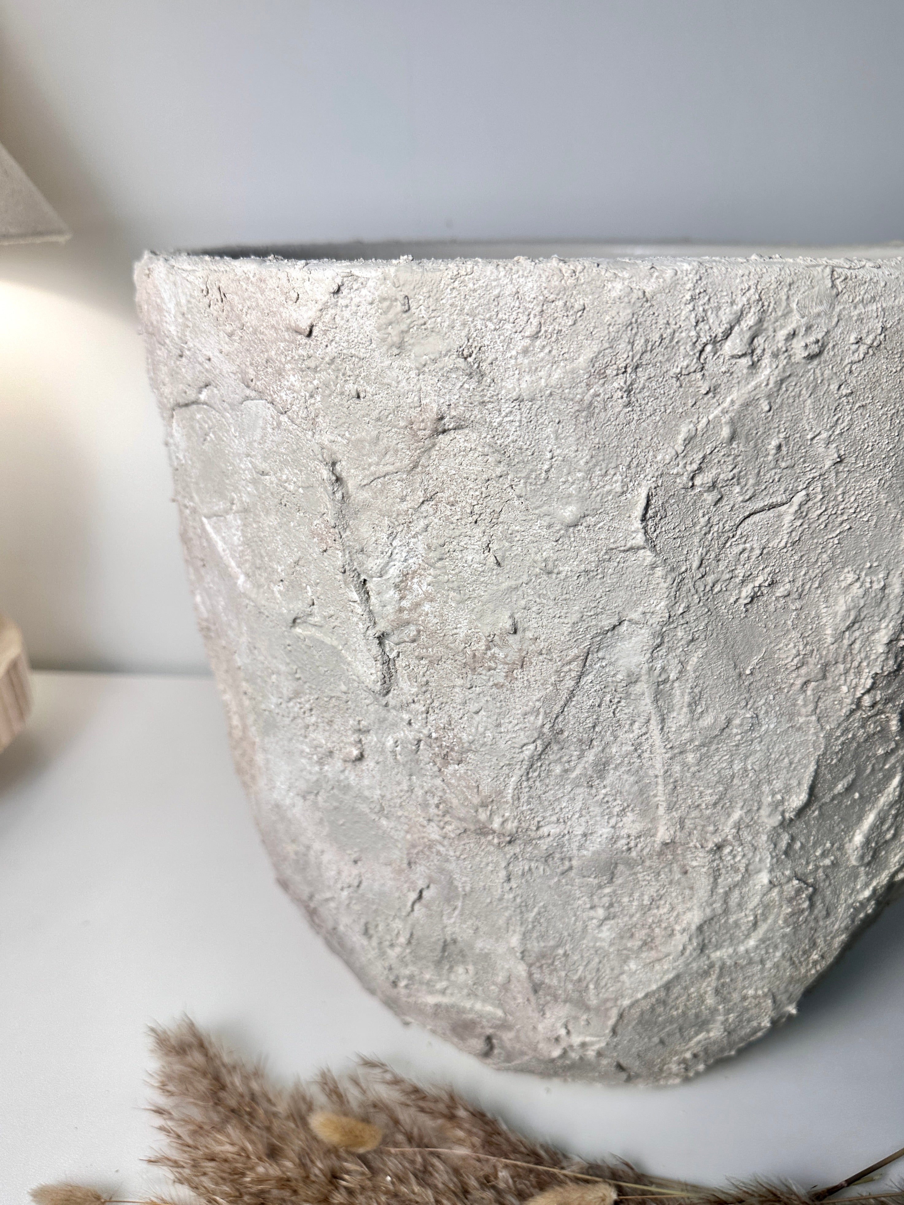 Minimalist Hand-Painted & Textured Planter Pot 14" tall with drainage hole one time creation - Cream